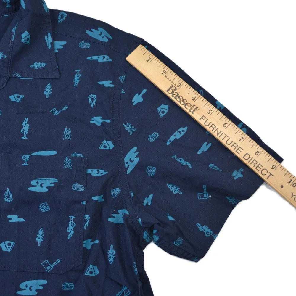 The North Face Mens Navy Blue Camping Print Short Sleeve Cotton Button Down L‎